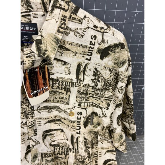 Men’s Woolrich Short Sleeve Shirt Fishing Print Beige Size L NWT NOS - Picture 2 of 7